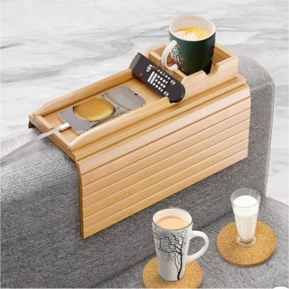 NEW In Box Wooden Sofa Armrest Tray With Cup Holders Couch Arm Table LAST ONE